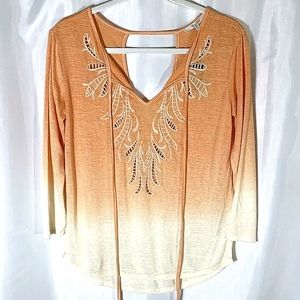 Miss Me Ombre Embroidered Tie Front Top